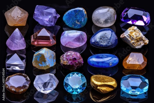 Various natural gemstones on black background including amethyst lapis lazuli rose quartz citrine ruby and more photo