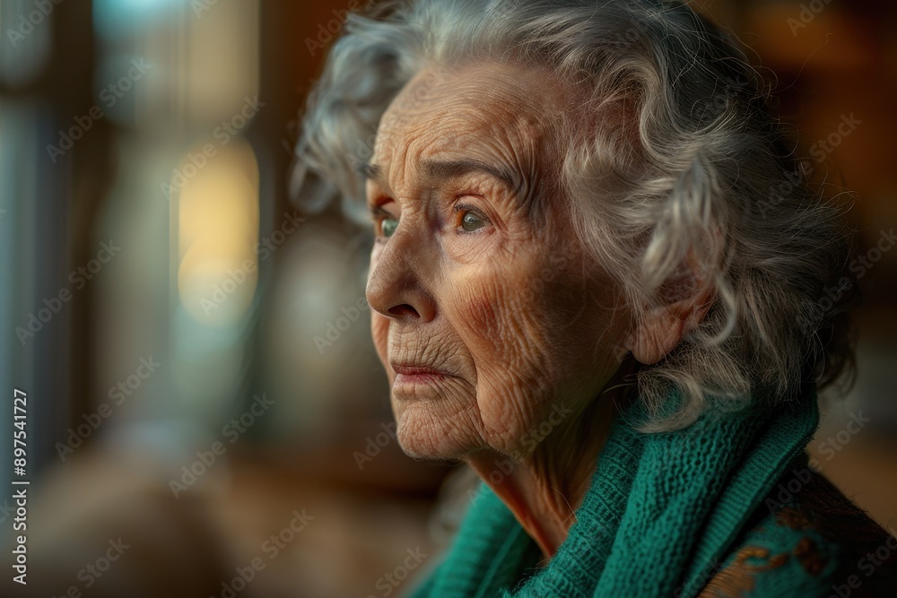 Concerned Senior Woman in Jade Green Clothing Gazing in Morning Light Concerned Senior Woman in Jade Green Clothing Gazing in Morning Light