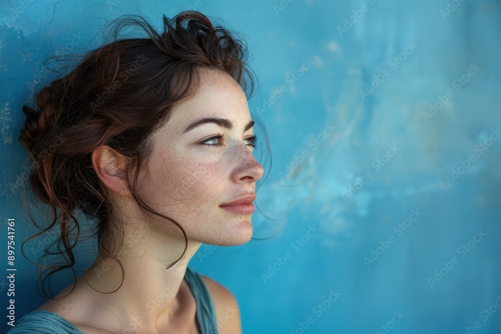 Contemplative Woman in Azure Blue Outfit Bathed in Natural Light Profile View Contemplative Woman in Azure Blue Outfit Bathed in Natural Light Profile View