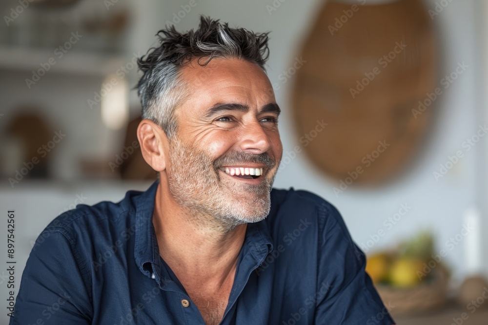 Joyful man in navy shirt laughing in profile under natural light Joyful man in navy shirt laughing in profile under natural light
