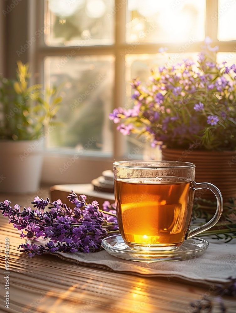 morning lavender tea with herbs in a transparent glass cup, light background of sunny morning light morning lavender tea with herbs in a transparent glass cup, light background of sunny morning light