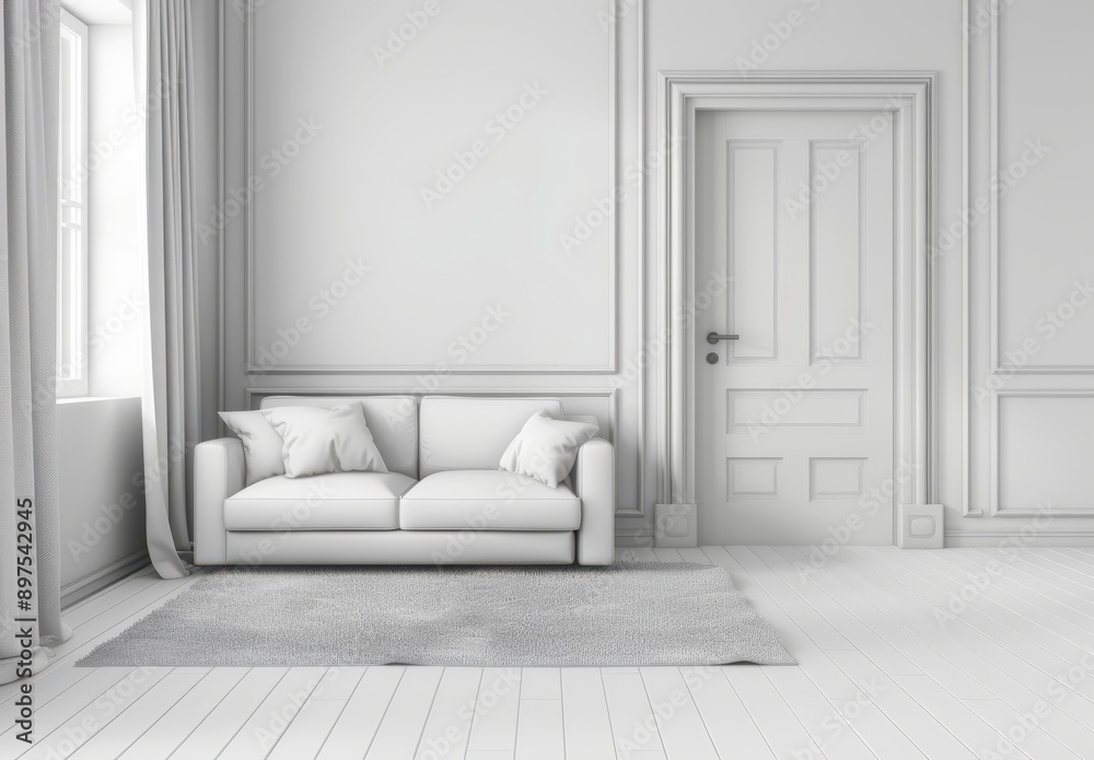 minimalist interior design of a modern living room with a sofa and white door, carpet on the floor minimalist interior design of a modern living room with a sofa and white door, carpet on the floor
