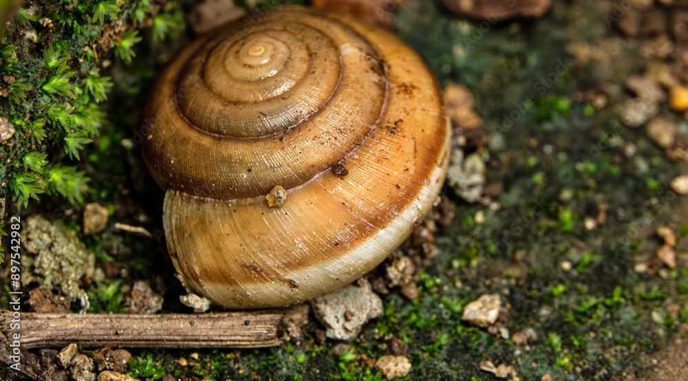 A small brown and tan shell is on the ground. The shell is slightly cracked and has a slightly rough texture A small brown and tan shell is on the ground. The shell is slightly cracked and has a slightly rough texture