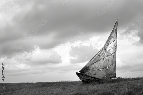 A weathered sail stands alone in Brittanys windswept landscape a relic from seafaring days photo