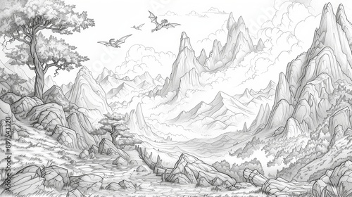 A coloring book illustration of a fantasy landscape, featuring a majestic mountain range with flying dragons and hidden caves.