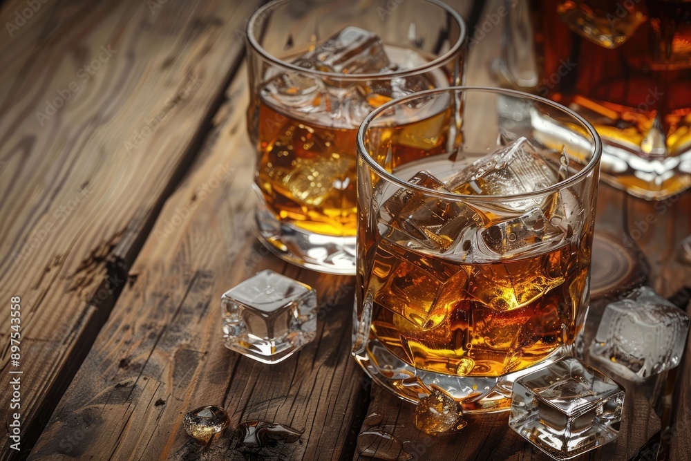 Whiskey on ice on a wooden table moderate drinking Whiskey on ice on a wooden table moderate drinking