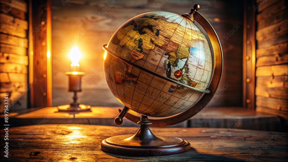 Illuminated antique globe on ornate wooden stand against dark ...