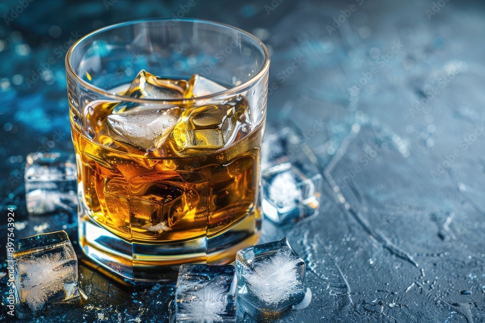 Whiskey with ice in glass on dark background space for text Whiskey with ice in glass on dark background space for text