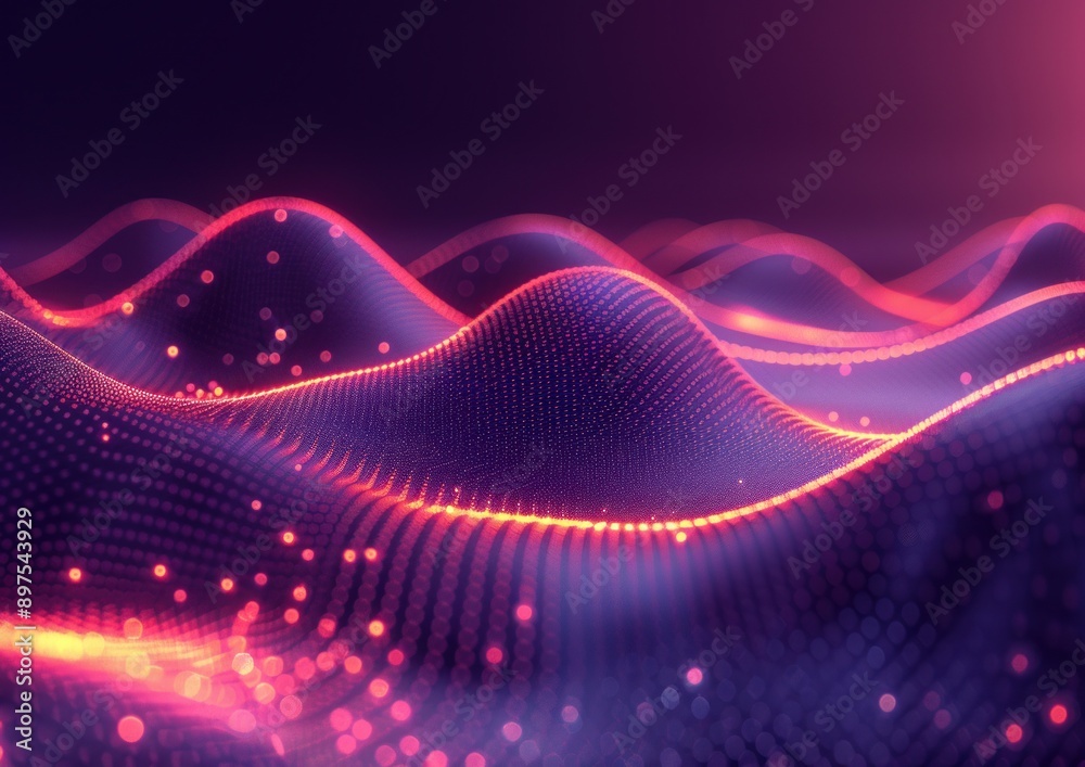 A purple and red digital landscape with glowing lines and particles A purple and red digital landscape with glowing lines and particles
