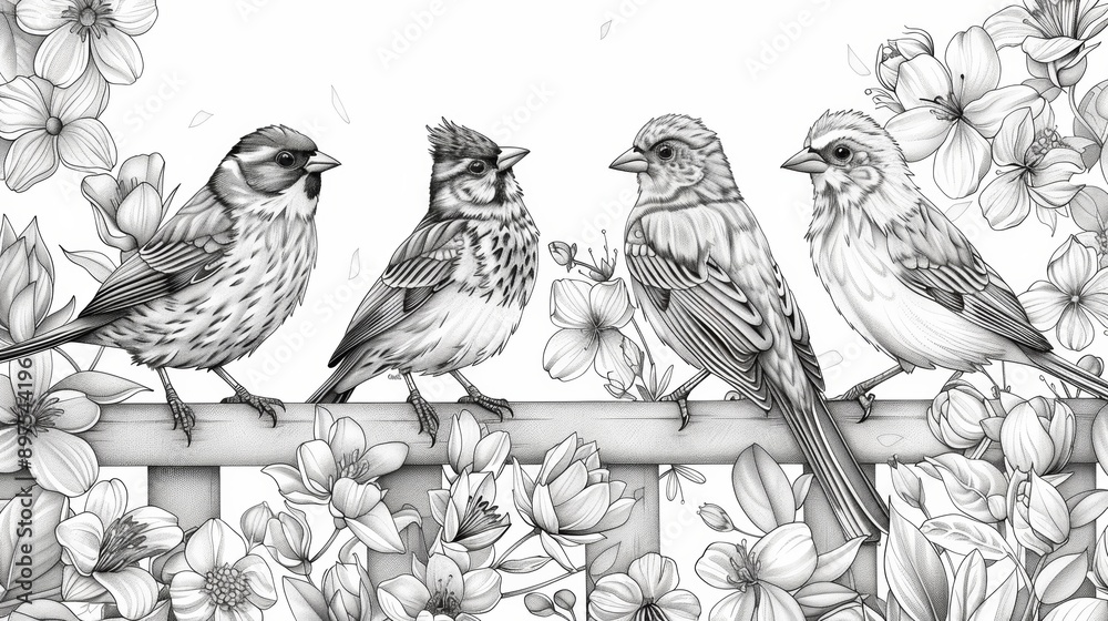 A lively coloring book illustration of a variety of songbirds perched on a fence, each bird with unique patterns in its feathers and surrounded by blooming flowers. A lively coloring book illustration of a variety of songbirds perched on a fence, each bird with unique patterns in its feathers and surrounded by blooming flowers.
