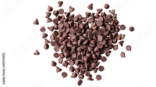 close up of heart shape chocolate chips on white background, Chocolate chips