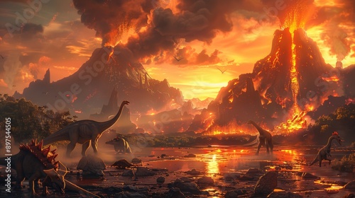 Fototapeta Naklejka Na Ścianę i Meble -  A scene showing a volcanic eruption in a prehistoric landscape, with fleeing dinosaurs and dramatic lava flows for children to color.