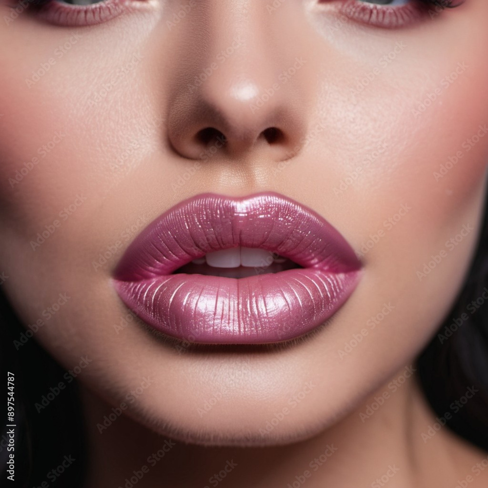 Fototapeta premium A close-up of a woman's lips, featuring shimmering pink lipstick that adds a touch of sparkle. The lips are slightly parted, revealing a glimpse of white teeth. Sensuality and sexuality. AI generated