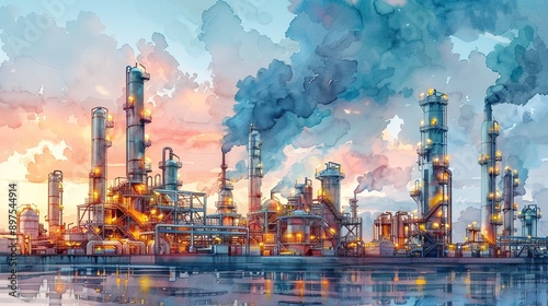 Dynamic portrayal of refinery machinery with intricate designs, highlighting the technological advancements and efficiency improvements in the industry. Watercolor style, high resolution