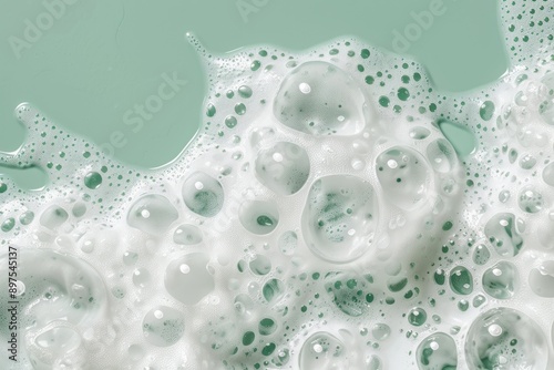 White mousse sample on green background with foam bubbles Close up of soap shower gel shampoo texture