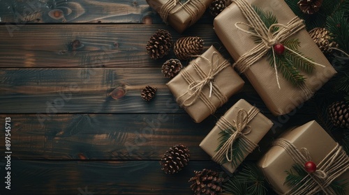 Festive gift wrapping arrangement on wood surface for Christmas