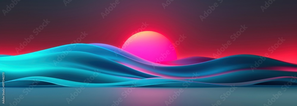 Futuristic digital art of a glowing sun setting behind neon waves, evoking a surreal and mesmerizing landscape in vibrant colors. Futuristic digital art of a glowing sun setting behind neon waves, evoking a surreal and mesmerizing landscape in vibrant colors.