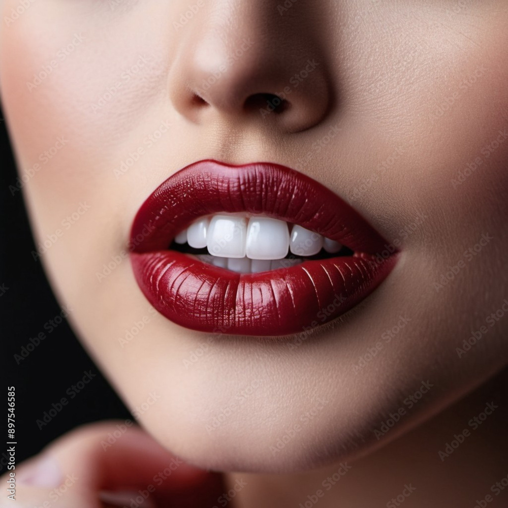 A close-up of a woman's lips, featuring shimmering burgundy maroon lipstick, touch of sparkle. The lips are slightly parted, revealing a glimpse of white teeth. Sensuality and sexuality. AI generated A close-up of a woman's lips, featuring shimmering burgundy maroon lipstick, touch of sparkle. The lips are slightly parted, revealing a glimpse of white teeth. Sensuality and sexuality. AI generated