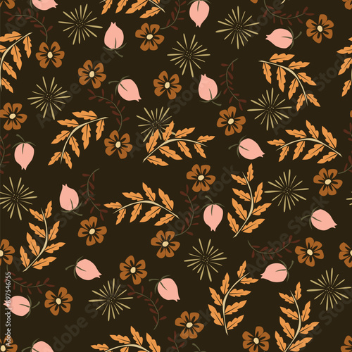 Elegance pink floral stems seamless pattern on a grey background. Vector hand drawn. Artistic, abstract flowers and tiny leaves, buds bells printing. Template for designs, fabric, fashion, textile
