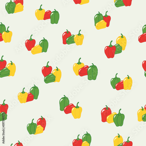 Yellow, Red, and Green Bell Peppers Scattered on a Pale Green Background creating a seamless pattern print background