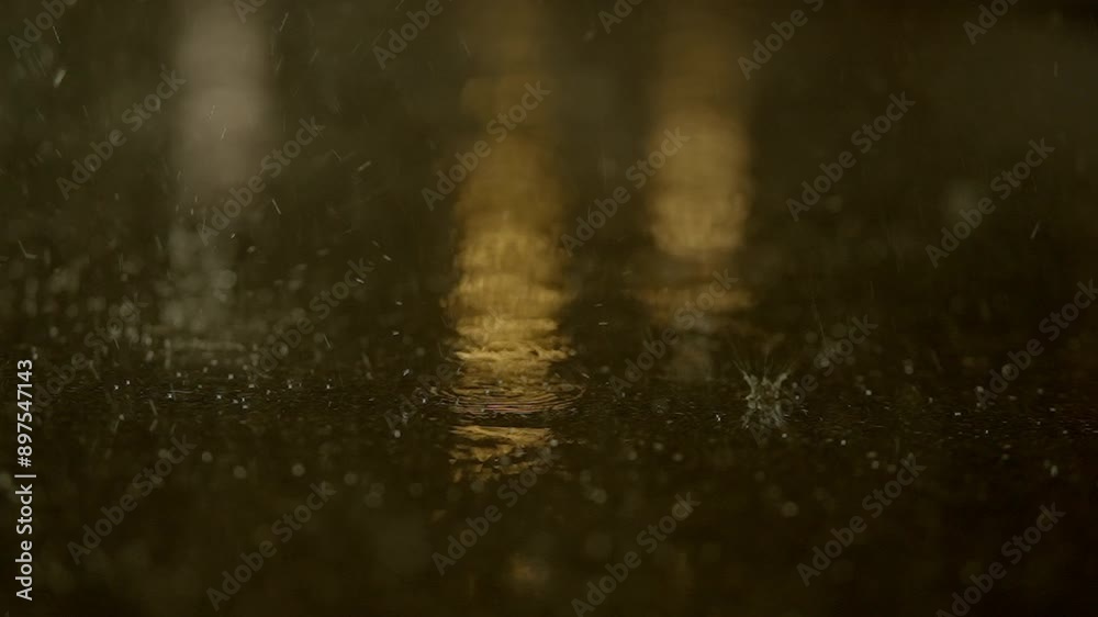 Reflective rainy night scene, streets illuminated by warm lights, creating an atmospheric ambiance