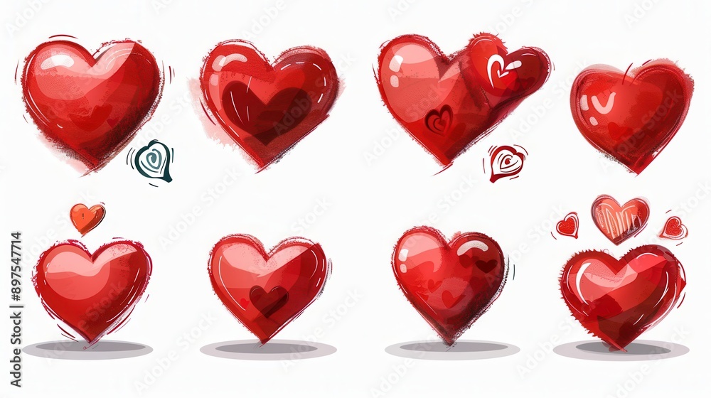 A collection of eight red heart illustrations, each with a unique style and pose. Generative AI A collection of eight red heart illustrations, each with a unique style and pose. Generative AI