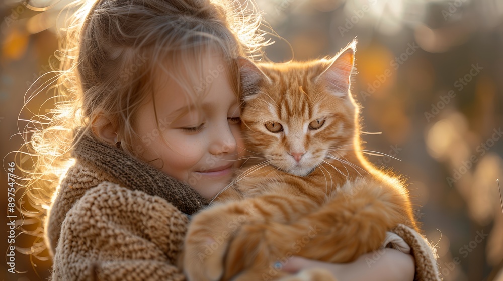 Young Girl Holding Orange Tabby Cat in Golden Light Young Girl Holding Orange Tabby Cat in Golden Light