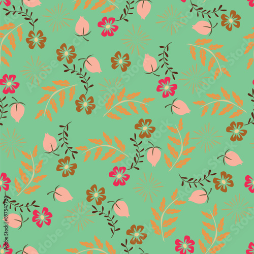 Elegance pink floral stems seamless pattern on a grey background. Vector hand drawn. Artistic, abstract flowers and tiny leaves, buds bells printing. Template for designs, fabric, fashion, textile

