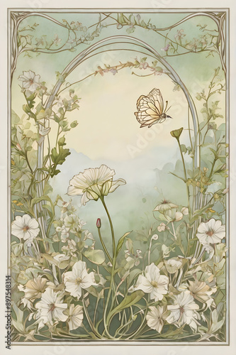 Modern art nouveau wildflower frame border, generative ai
