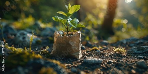 Sustainable Planting: Young Tree in Paper Bag Symbolizing Harmony with Nature in Sony A7 IV Close-Up Shot