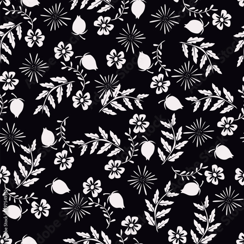 Elegance pink floral stems seamless pattern on a grey background. Vector hand drawn. Artistic, abstract flowers and tiny leaves, buds bells printing. Template for designs, fabric, fashion, textile
