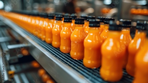 Orange juice bottles in a factory production line, symbolizing industrial beverage manufacturing and automated food processing.