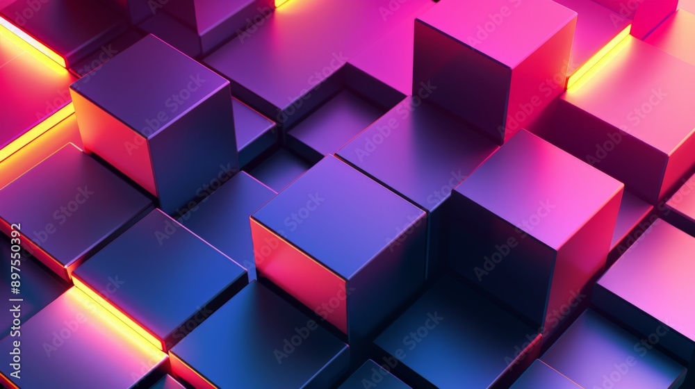 Modern and abstract composition with metallic cubes background and purple and pink neon lights Modern and abstract composition with metallic cubes background and purple and pink neon lights