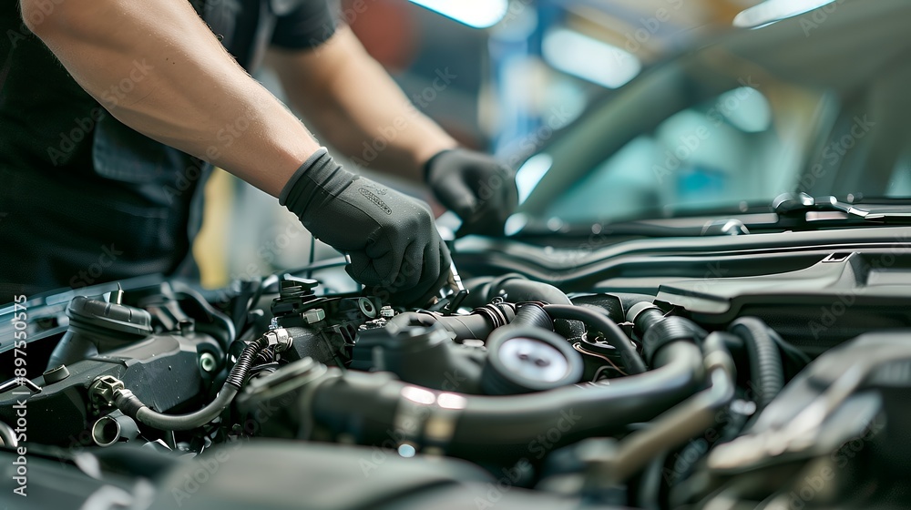 The mechanic has skills in repairing and diagnostics automotive engines in auto repair shop. Cropped image. Car repair service center. Support car insurance service. The mechanic has skills in repairing and diagnostics automotive engines in auto repair shop. Cropped image. Car repair service center. Support car insurance service.