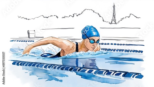 Aquarelle Style Watercolor of Olympic Swimming in Paris
