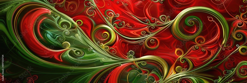 Abstract red and green background with intricate, swirling mistletoe patterns Abstract red and green background with intricate, swirling mistletoe patterns
