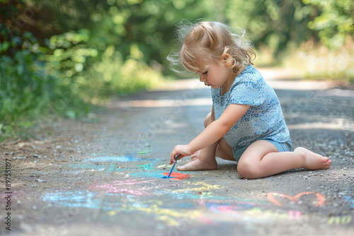 A young barefoot child drawing with chalk on a sunny summer day 