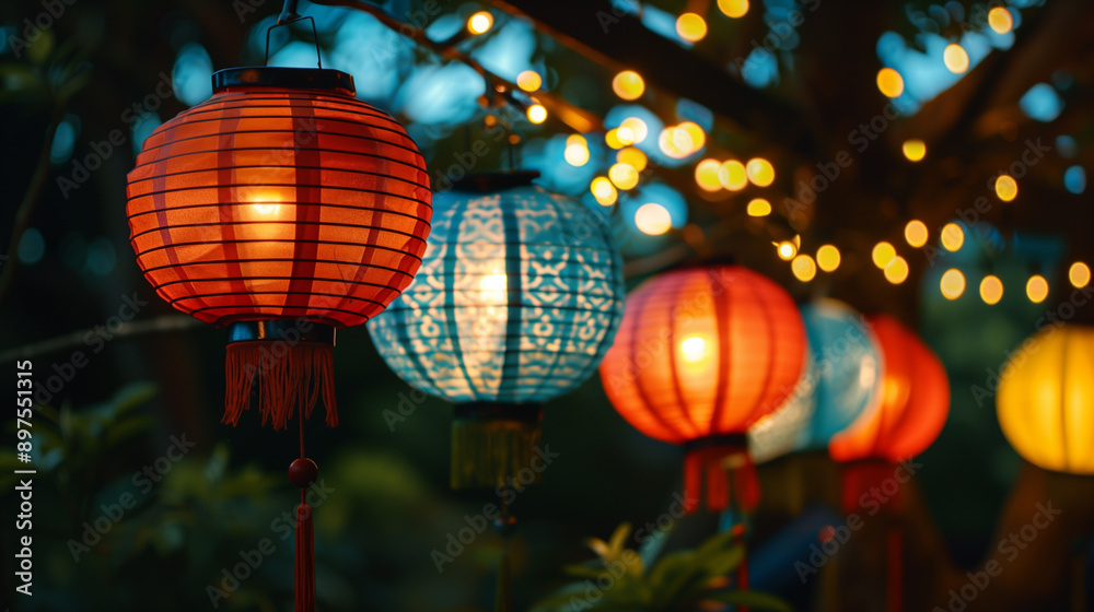 Obraz premium Glowing asian silk lanterns, garlands. Autumn Lunar Festival, Lunar New Year. Chinese lanterns. Festive street decor, night, lights.