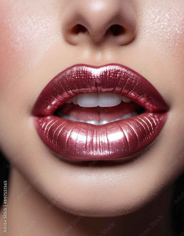 Obraz premium Close-up of woman lips, featuring shimmering pearlescent lipstick. Touch of sparkle. Lips are slightly parted, revealing glimpse of white teeth. Sensuality and sexuality. Mother of pearl lipstick. AI