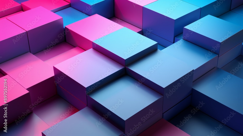 Extruded cubes forming a plane with abstract background, illuminated by pink and blue neon lights Extruded cubes forming a plane with abstract background, illuminated by pink and blue neon lights