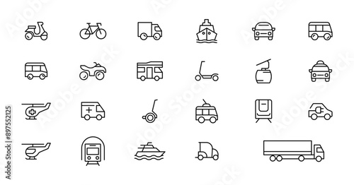 Travel and Transport line icon set. Containing car, bike, plane, train, bicycle, motorbike, bus and scooter icons. Transportation Simple line icon collections