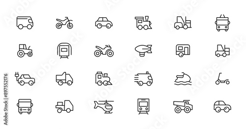 Travel and Transport line icon set. Containing car, bike, plane, train, bicycle, motorbike, bus and scooter icons. Transportation Simple line icon collections