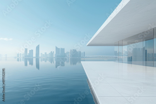 Modern buildings by the lake. The modern urban skyline is in the background.