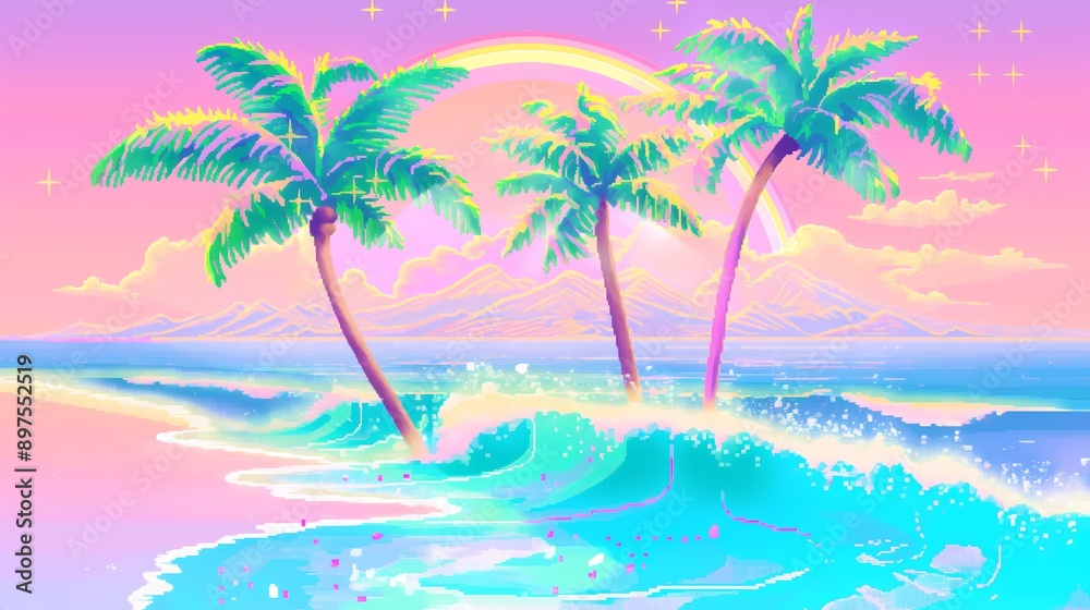 A simple and decorative illustration of a seaside beach, featuring elements like coconut trees, animals, shells, and waves, creating a picturesque coastal scene. A simple and decorative illustration of a seaside beach, featuring elements like coconut trees, animals, shells, and waves, creating a picturesque coastal scene.