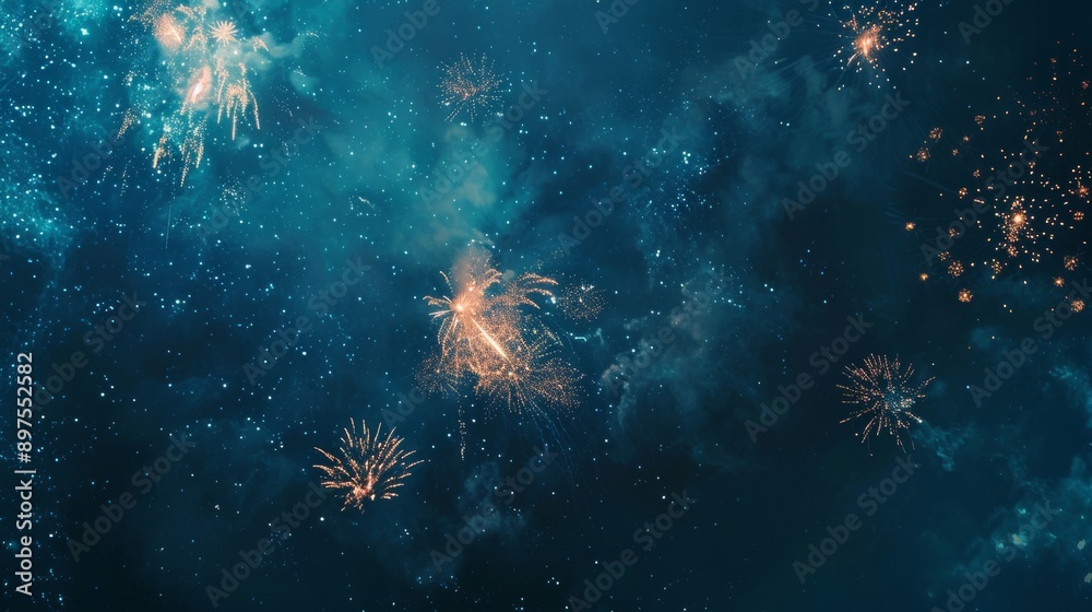 Obraz premium Night sky fireworks display with smoke trails and stars