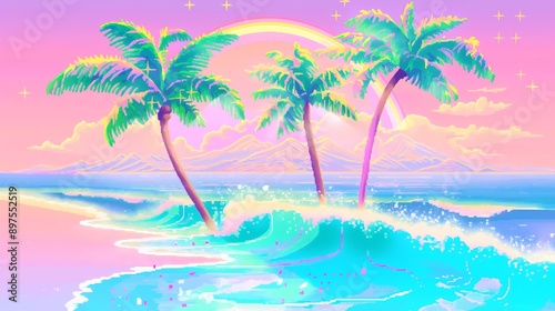 A simple and decorative illustration of a seaside beach, featuring elements like coconut trees, animals, shells, and waves, creating a picturesque coastal scene.