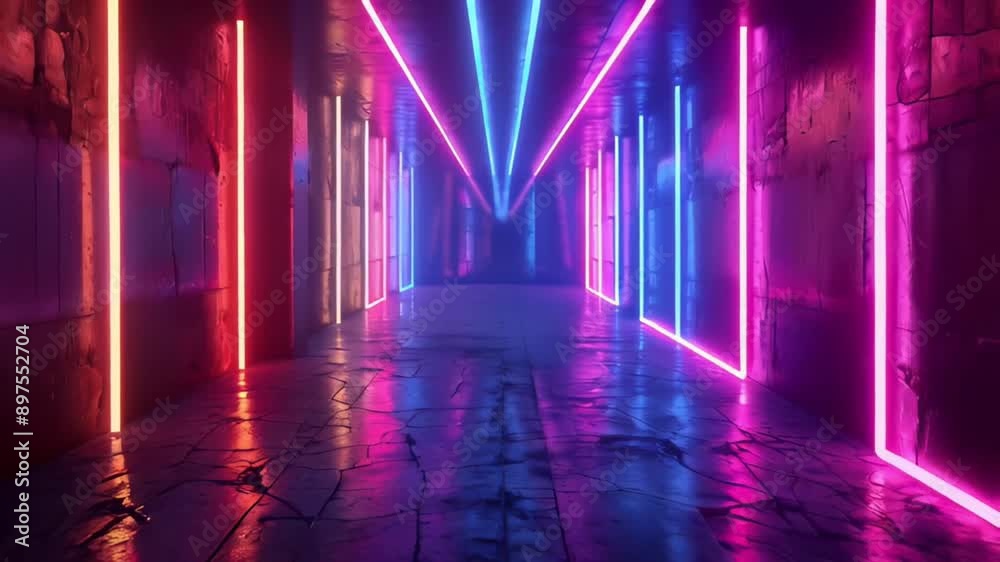 Neon Light Corridor with Reflective Floor and Vibrant Colors