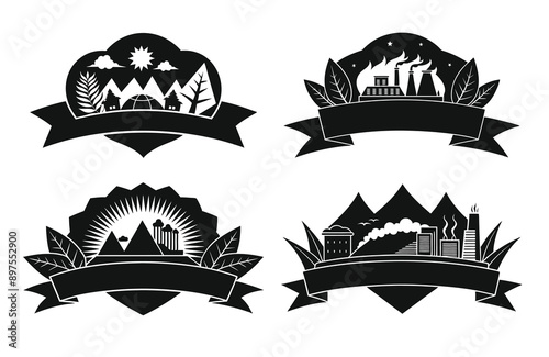 Industry nature emblems with ribbons, development conservation pollution sustainable