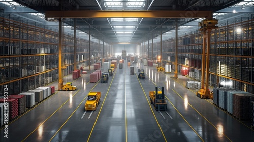 Logistics hub with warehouses, forklifts, and workers managing inventory © mirifadapt