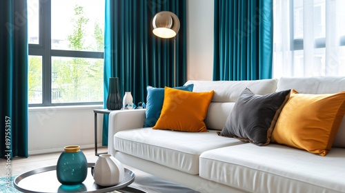 A modern living room with bold teal curtains and matching accent pillows